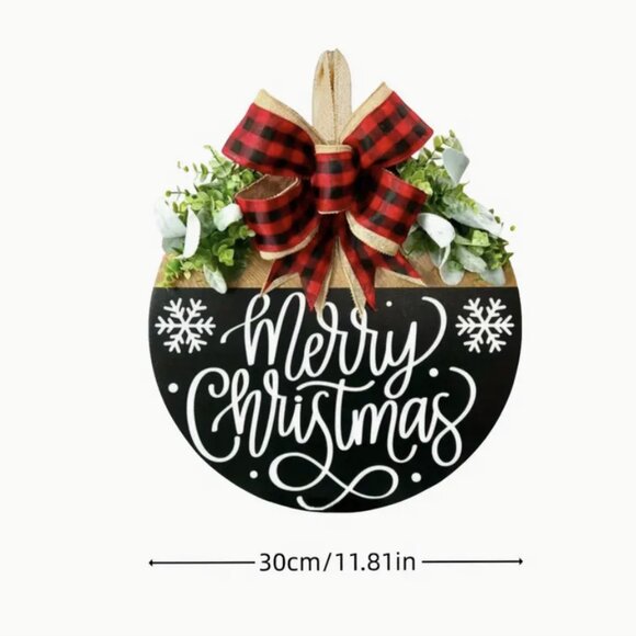 Merry Christmas Rustic Front Door Hanging Sign Festive Holiday Wood Wreath 11.8" - Picture 3 of 5